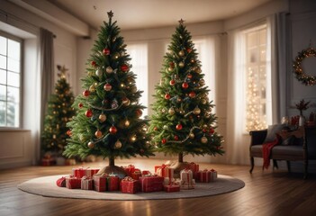 A beautifully decorated fir Christmas tree stands in a large indoor space with bright lights and ornaments, holiday decor, christmas tree, festive atmosphere