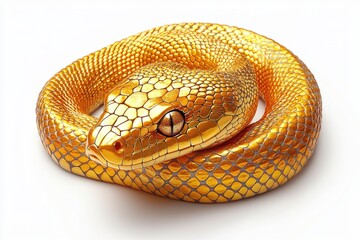 Obraz premium A Stunning Close-Up of a Beautiful Golden Snake with Meticulously Detailed Scales Glimmering in Natural Light Against a Clean White Background