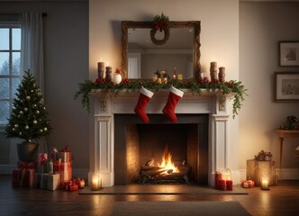 A beautifully lit Christmas mantel with stockings and holly, inviting space, cozy living room
