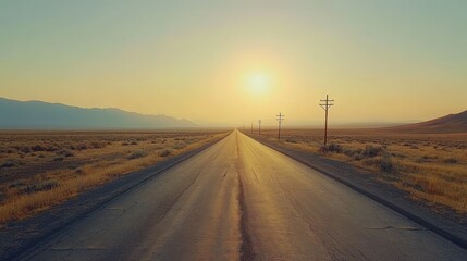 View of a long straight deserted asphalt road with the evening sun sky background wallpaper AI generated image