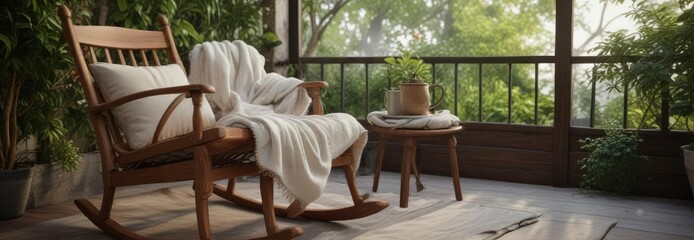 Obraz premium A beautiful wooden rocking chair in a charming garden nook with a steaming cup of hot tea and a soft blanket, peaceful retreat , inviting atmosphere