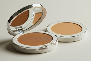 compact features neutral medium toned face powder smooth matte finish illuminated soft lighting against white background highlighting its versatile appeal.