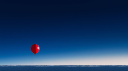 Photograph of a lone red balloon floating against a deep blue sky, tethered to a thin string, symbolizing freedom in an otherwise empty landscape