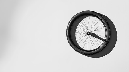 Photograph of a single bicycle tire, placed flat against a stark white surface with its shadow cast...