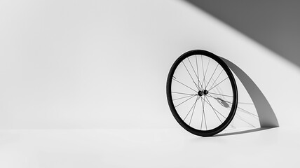 Photograph of a single bicycle tire, placed flat against a stark white surface with its shadow cast...