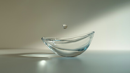Photograph of a single broken glass cup on a smooth white surface, with a single droplet of water suspended above it, creating a moment of stillness
