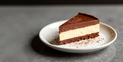 A piece of chocolate cake on a white plate . Color mocha mousse 2025. Copy space