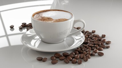a glossy white cappuccino cup  with  cappuccinomorning coffee, coffee break