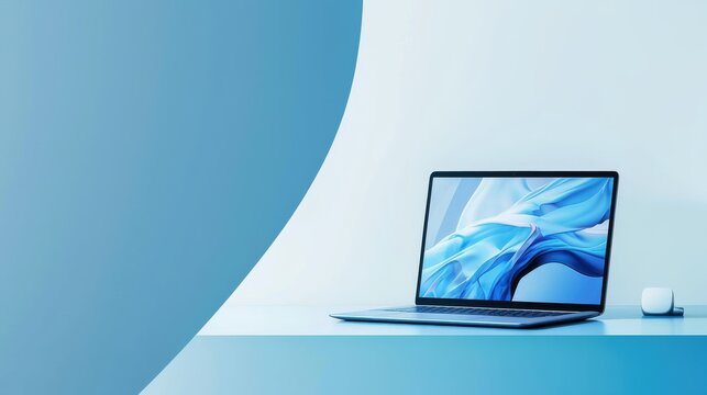 Modern workspace with a sleek laptop and minimalist design, featuring calming blue tones and an elegant setup for productivity and creativity. Generative AI