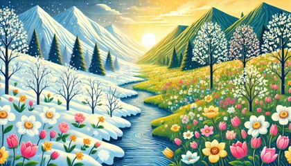 Fototapeta premium A vibrant scene of nature transitioning from winter to spring. Generated with AI