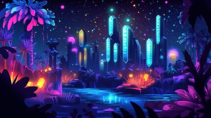 Obraz premium Neon Cityscape Illuminated by a Starry Night Sky