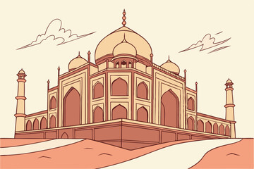 Islamic architecture, Mughal style mosque, red sandstone, golden domes, symmetrical design, desert landscape, minimalist clouds, vector art, flat illustration, pastel colors, iconic landmark, travel p