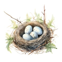 Obraz premium Natural Bird Nest with Colorful Eggs Surrounded by Green Leaves