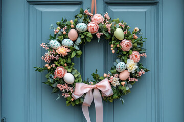 Naklejka premium Easter wreath adorned with flowers, greenery, and decorative eggs, hanging on door