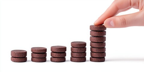 Loyalty business focuses on customer retention. Stacked chocolate cookies with an upward trend, hand placing one on top.