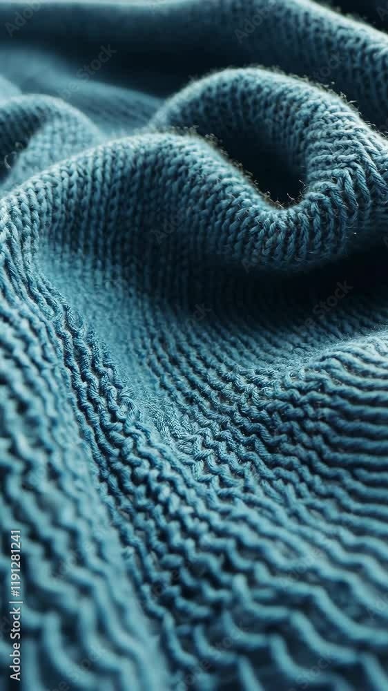 Poster textured fabric displaying intricate knit patterns in a rich blue color under soft lighting conditio