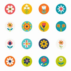set of simple flat flower icons in bright colors