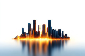 Fototapeta premium A stunning skyline at sunset, showcasing modern skyscrapers reflected in the water, creating an urban dreamscape.