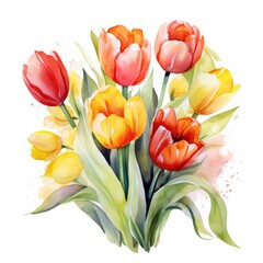 Naklejka premium Vibrant Watercolor Tulip Bouquet in Bright Colors and Soft Background
