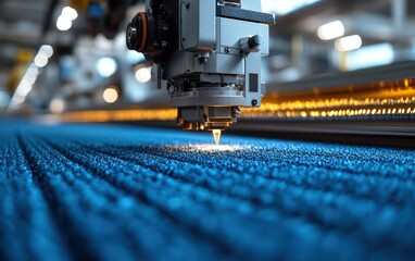 Precision laser cutting: Witness the intricate process of a laser cutter meticulously carving a vibrant blue fabric, creating a mesmerizing pattern.