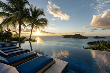 A stunning infinity pool overlooking the ocean with palm trees and blue loungers