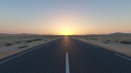 View of a long straight deserted asphalt road with the evening sun sky background wallpaper AI generated image