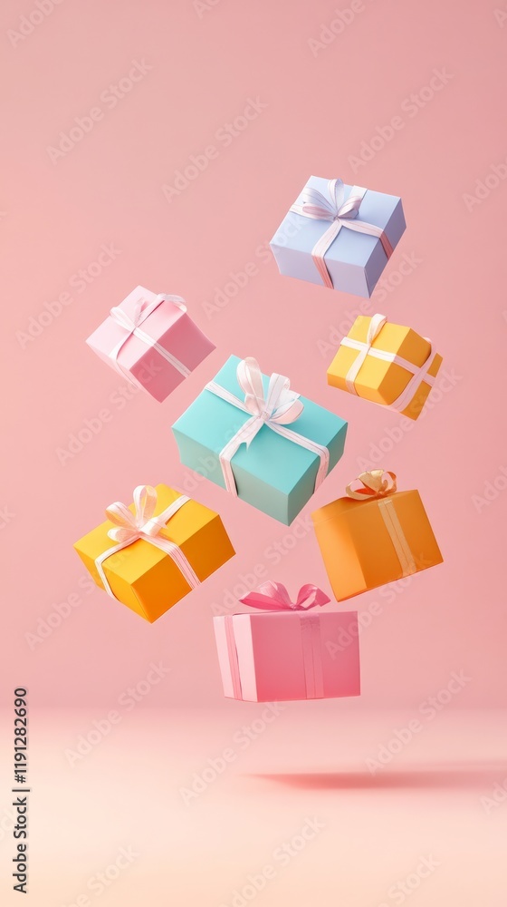 Poster minimalist composition featuring colorful gift boxes floating on a pastel pink background, creating 