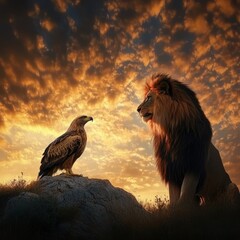 A lion and an eagle face each other at sunset.