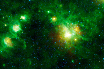  Green space nebula with stars. Elements of this image furnished by NASA