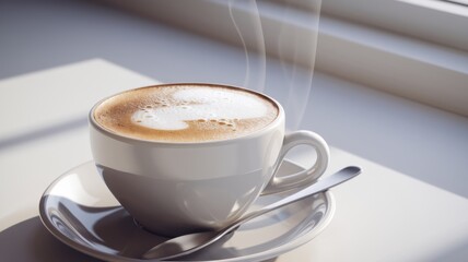 Fototapeta premium a glossy white cappuccino cup with cappuccinomorning coffee, coffee break