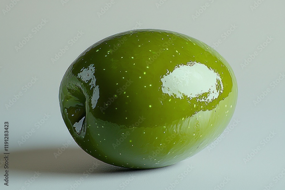 Poster single green olive shines glossy surface displaying subtle wrinkles and hint of pimento filling. mod