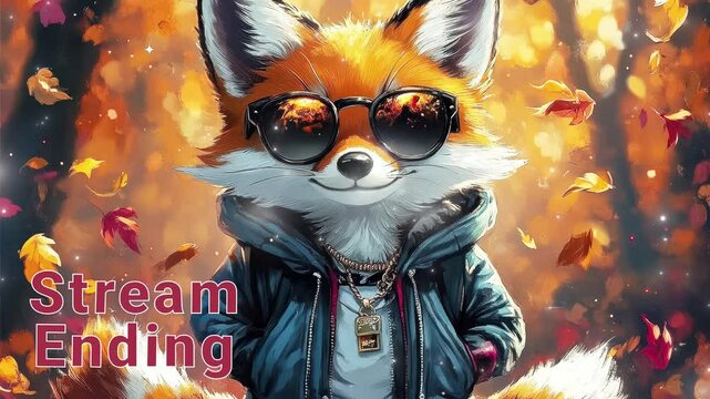 Playful fox character enjoys a vibrant autumn backdrop. stream ending overlay seamless loop Vtuber streamer asset twitch zoom OBS screen animated wallpaper virtual background