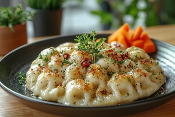 Delicious Plate of Dumplings Garnished with Fresh Herbs and Spices Served with Carrots on a Wooden Table, Perfect for Food Photography or Culinary Blogs