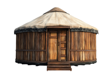 Traditional yurt structure showcasing wooden craftsmanship in an outdoor setting with a simple entrance