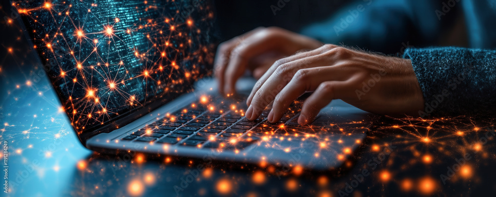 Poster software engineer using laptop with global network connection and digital technology