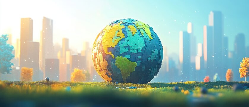 A low-poly Earth globe in a field with a city skyline in the background.