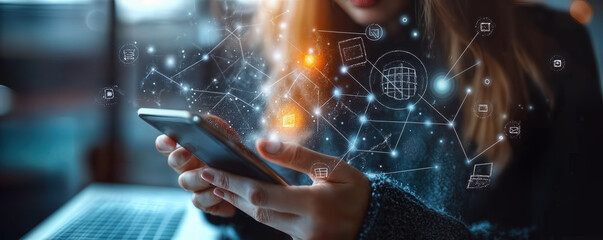 Woman Engaging in Mobile E-commerce with IoT and Digital Network Connections for Online Shopping