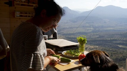 Woman cooking inside a camper van with her dog watching with a mountain landscape view