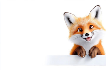 Obraz premium Cheerful Cartoon Fox Peeking Over a White Surface in a Playful Pose