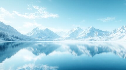 Majestic snow capped mountain peaks reflected in the calm crystal clear waters of a remote fjord lake in the untouched wilderness of Norway  This serene
