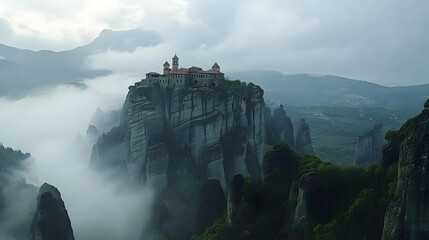 A photo of Meteora monasteries perched atop towering rock formations, surrounded by mist and lush green valleys, during a mystical dawn
