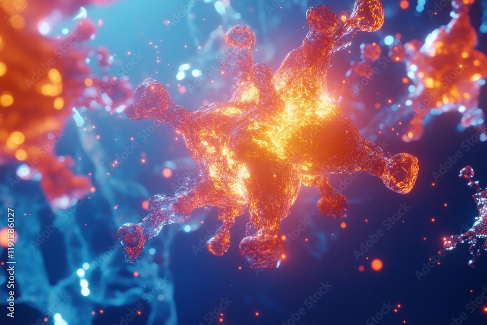 Aufkleber antibodies attacking glowing viruses in a digital visualization of immune response. generative ai