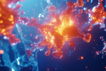 Antibodies attacking glowing viruses in a digital visualization of immune response. Generative AI