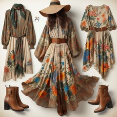 A bohemian inspired outfit featuring a flowing maxi dress in vib