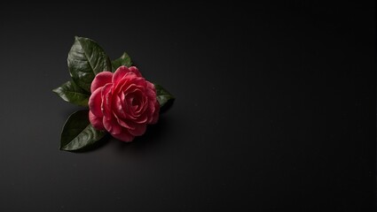 Elegant red camellia flower on glossy black surface with lush green leaves