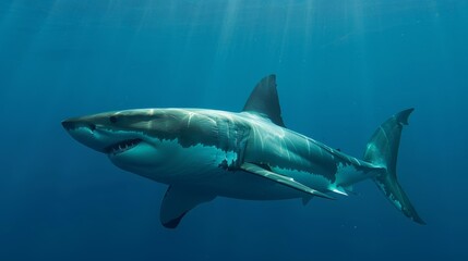 Fototapeta premium Profile view of a great white shark showcasing its muscular contours underwater