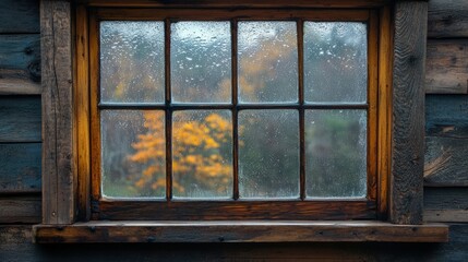 Rain-streaked window, autumnal view, rustic wood frame.