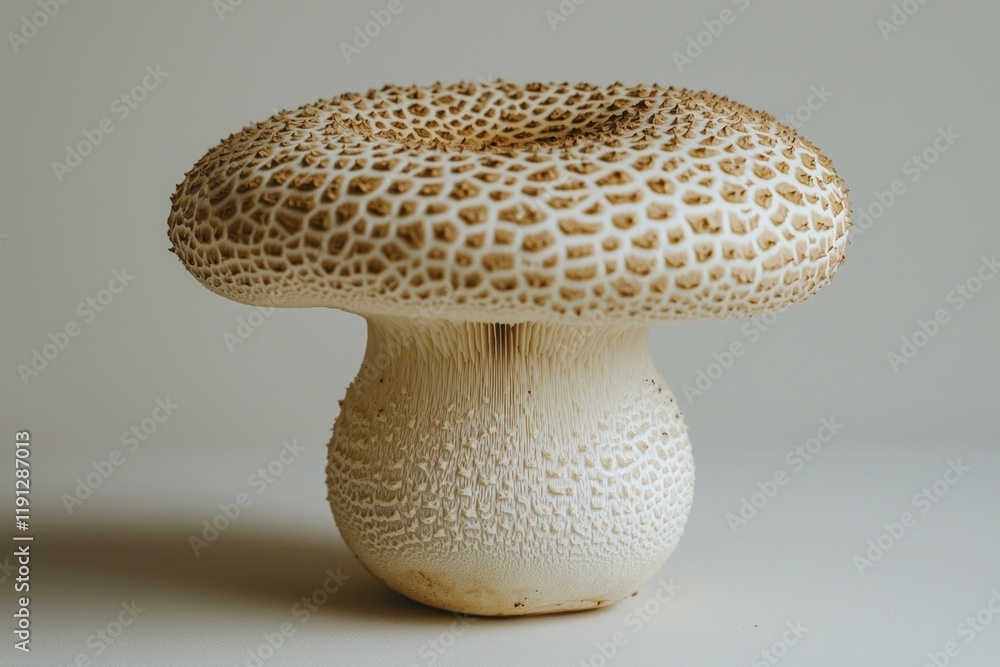 Poster white mushroom stands out its smooth rounded cap and short stem detailed textures and patterns illuminated against pristine background highlighting its simplicity and organic form.