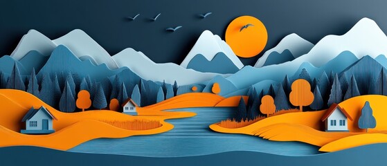 Paper cut landscape with mountains, houses, trees, and lake.