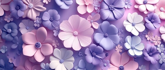 Pastel pink and purple paper flowers on a lavender background.